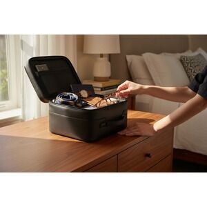 Lancome Black Faux Leather Train Case Makeup Organizer Vanity Travel Bag Vintage